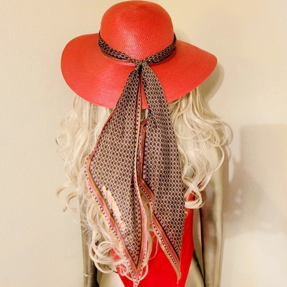 Red Straw Summer Beach Hat With Scarf